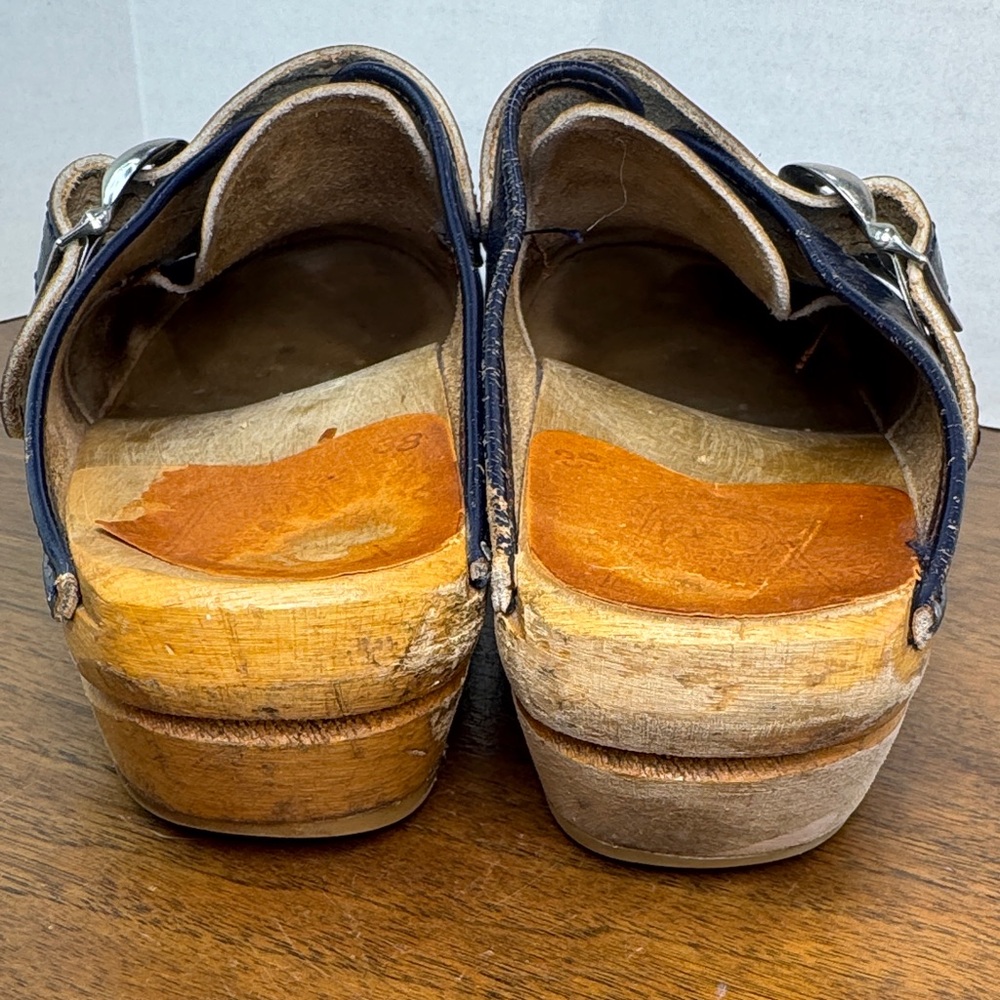 Vintage 70s Womens Bastad Toffeln Wooden Navy Blue Leather Buckle Clogs, sz 38 - Picture 5 of 14